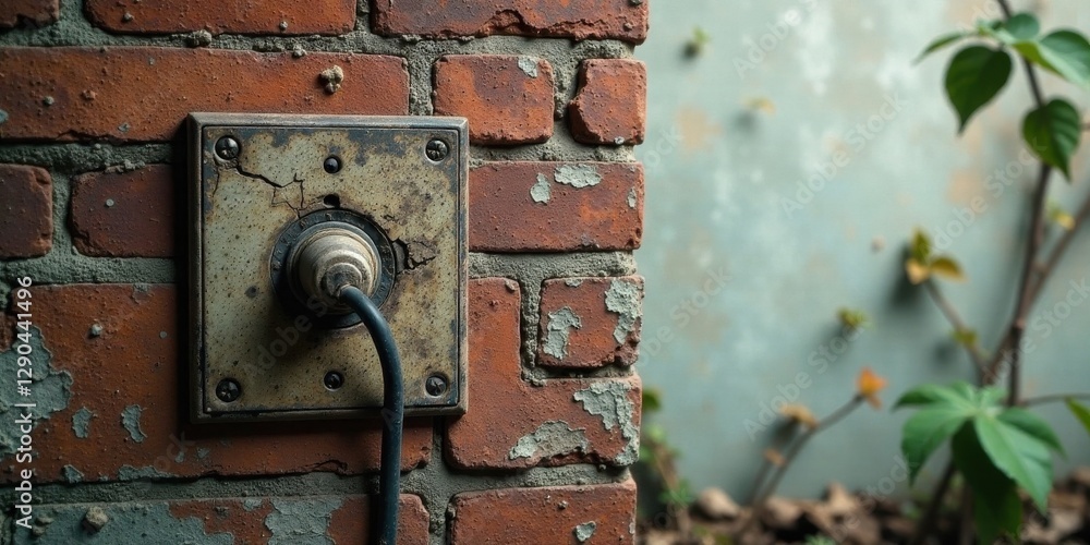 Weathered electrical box mounted on a brick wall with peeling paint and nearby vegetation Weathered electrical box mounted on a brick wall with peeling paint and nearby vegetation