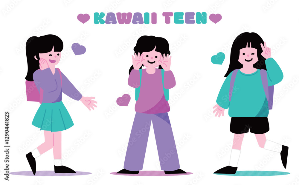 Obraz premium 10代の小学生・中学生のかわいいティーンの女の子の友達の笑顔全身イラスト