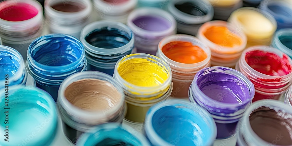 Colorful paint jars arranged in an artistic layout, featuring shades of blue, yellow, purple, and orange with a soft white background Colorful paint jars arranged in an artistic layout, featuring shades of blue, yellow, purple, and orange with a soft white background