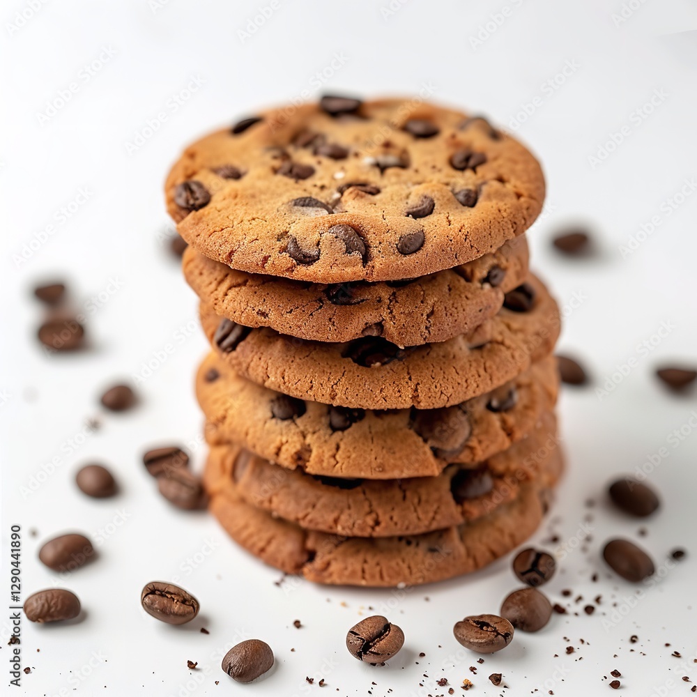 A Towering Stack of Homemade Chocolate Chip Cookies, Topped with Roasted Coffee Beans, Standing on a Light, Textured Surface with Scattered Cookies and Beans, Highlighting the Rustic Charm and Delecta A Towering Stack of Homemade Chocolate Chip Cookies, Topped with Roasted Coffee Beans, Standing on a Light, Textured Surface with Scattered Cookies and Beans, Highlighting the Rustic Charm and Delecta