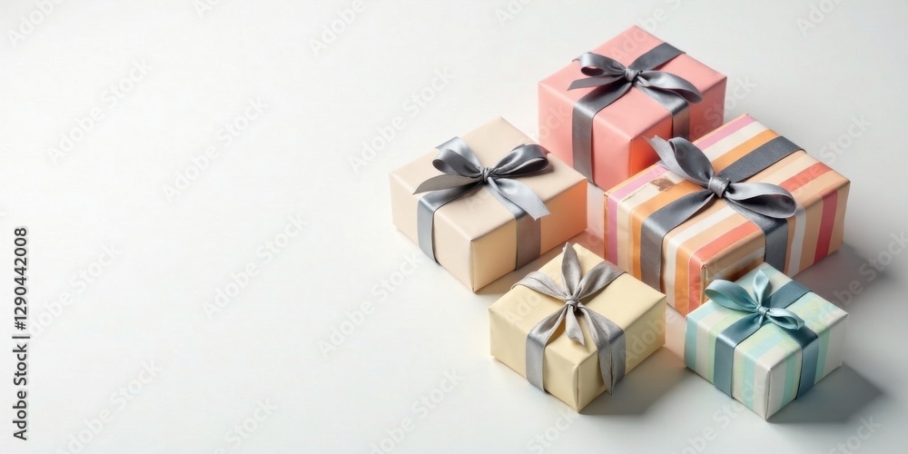 A delightful arrangement of pastel-wrapped presents tied with elegant silver ribbons, perfect for a celebratory occasion. A delightful arrangement of pastel-wrapped presents tied with elegant silver ribbons, perfect for a celebratory occasion.