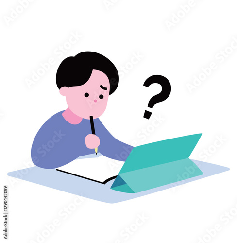 タブレットで勉強しながら悩む・考える・困る・迷う小学生のict教育イラスト_問題が分からない時の子ども