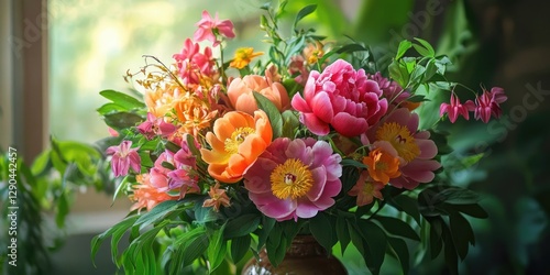 Wallpaper Mural Vibrant floral arrangement featuring peonies and colorful blossoms in shades of pink, orange, and yellow, set against a soft natural light backdrop. Torontodigital.ca