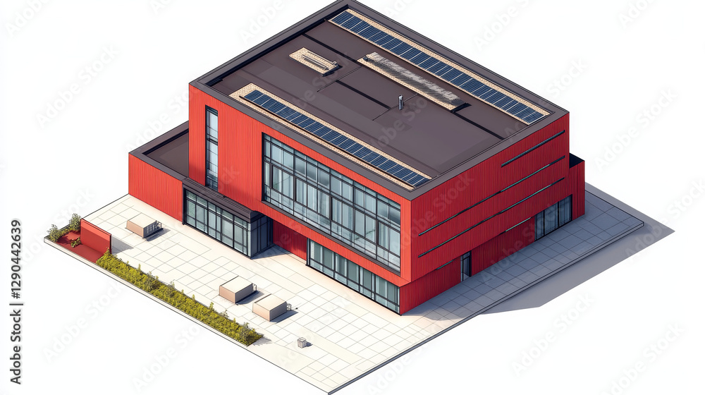 Isometric red building with multiple windows and a black roof. Architecture vector illustration. City building isometric design, urban structure. Isometric red building with multiple windows and a black roof. Architecture vector illustration. City building isometric design, urban structure.