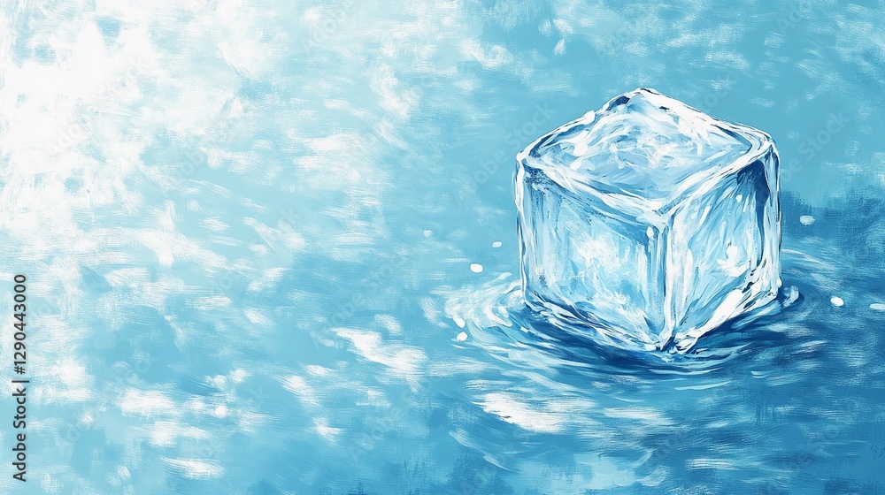 Transparent ice cube with smooth edges and detailed reflections, isolated on a white background, creating a crisp, modern composition for cooling concepts, book illustration style Transparent ice cube with smooth edges and detailed reflections, isolated on a white background, creating a crisp, modern composition for cooling concepts, book illustration style