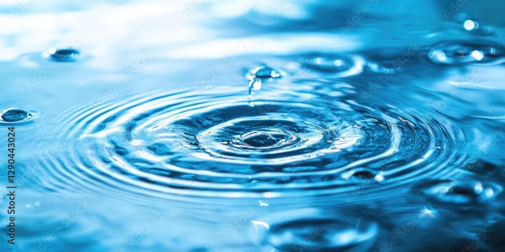 Droplet creating concentric circles on a vibrant blue water surface highlighting fluidity and tranquility in a beauty product concept Droplet creating concentric circles on a vibrant blue water surface highlighting fluidity and tranquility in a beauty product concept