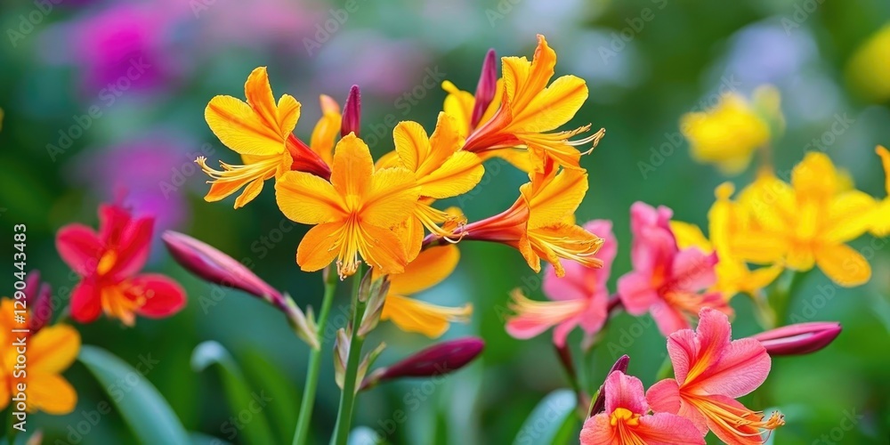 Bright bouquet of vibrant orange and pink flowers with lush green foliage, set against a soft focus background of colorful blooms. Bright bouquet of vibrant orange and pink flowers with lush green foliage, set against a soft focus background of colorful blooms.