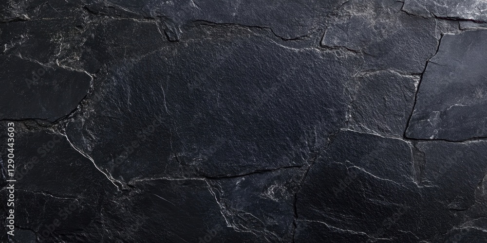 Fototapeta premium Textured slate stone background with deep black hues, natural fissures, and subtle gray veining, perfect for backgrounds or design projects.