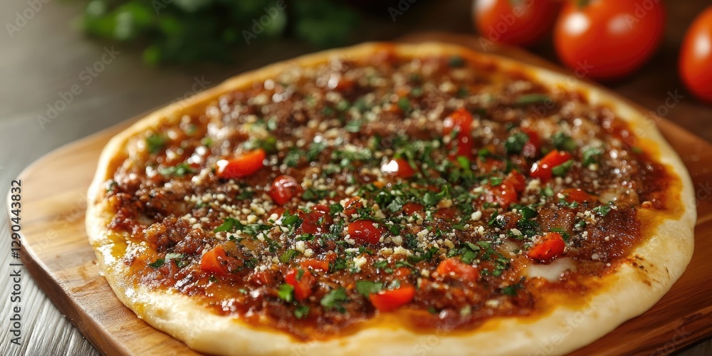Turkish lahmacun on a wooden board topped with diced tomatoes and herbs, with fresh tomatoes in the background and a blurred green backdrop.