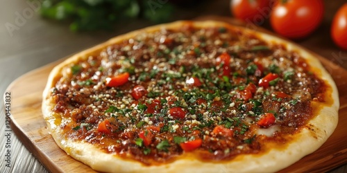 Obraz na płótnie Turkish lahmacun on a wooden board topped with diced tomatoes and herbs, with fresh tomatoes in the background and a blurred green backdrop. w salonie