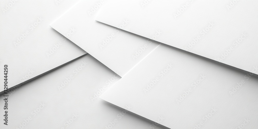 Overlapping white sheets of paper arranged at varying angles creating a minimalist composition with subtle shadows and reflections on a light surface. Overlapping white sheets of paper arranged at varying angles creating a minimalist composition with subtle shadows and reflections on a light surface.