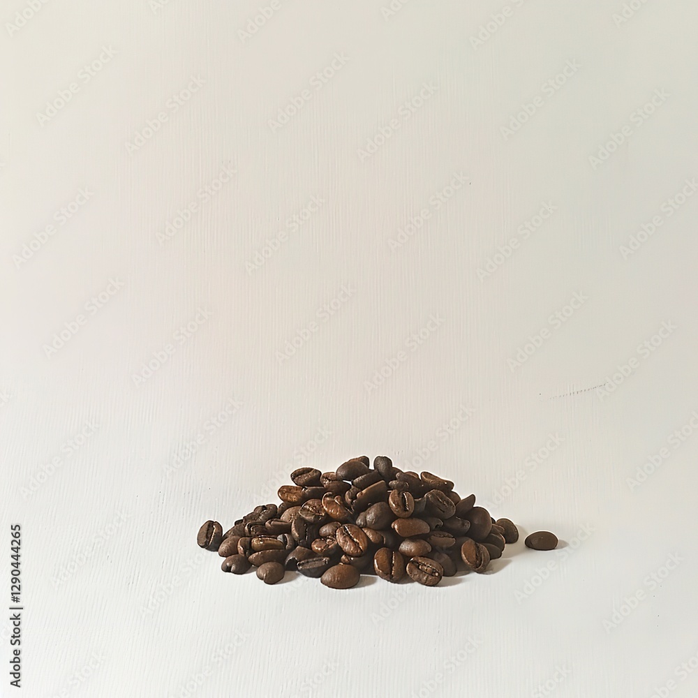 Obraz premium Small Pile of Coffee Beans: Roasted Coffee Beans Piled on a Light Surface, Emphasizing Natural Texture and Simple Composition.