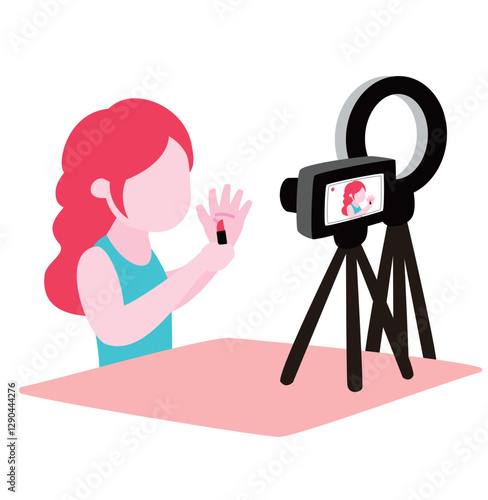 人気女性配信者がカメラ前でメイク動画を撮影中_インフルエンサーの配信舞台裏イラスト