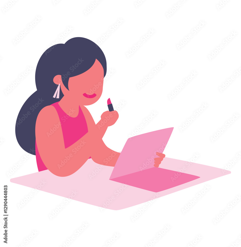 メイクアップ・化粧をするアジア人女性の俯瞰イラスト_メイク中・メイク直し・メイクアップアーティスト メイクアップ・化粧をするアジア人女性の俯瞰イラスト_メイク中・メイク直し・メイクアップアーティスト