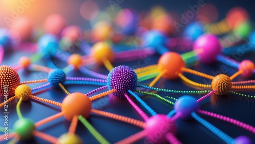 Colorful spheres connected by lines. Network concept. Social media connection. Abstract technology. Blue background. Bright vibrant colors.