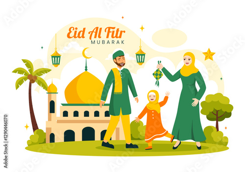 Happy Eid Al-Fitr Mubarak Illustration featuring a Mosque and a Muslim Celebration on this Special Day, Bringing Peace and Happiness to Everyone