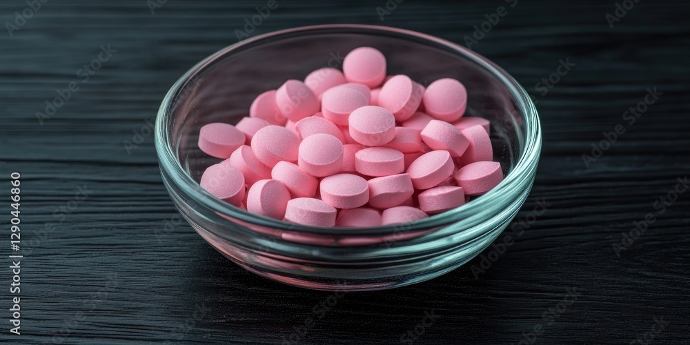 Pink sugar-coated pills arranged in a clear glass dish on a black wooden table, creating a vibrant contrast against the dark background. Pink sugar-coated pills arranged in a clear glass dish on a black wooden table, creating a vibrant contrast against the dark background.
