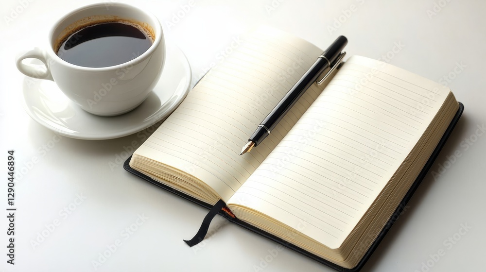 Blank open notebook with a pen and a cup of coffee on a white desk Blank open notebook with a pen and a cup of coffee on a white desk