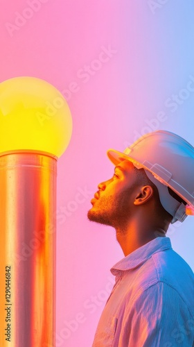 Vibrant Industrial Portrait Male Worker with Safety Helmet Examining Equipment in Colorful Light - Modern Workplace Safety and Technical Skill Promotion photo