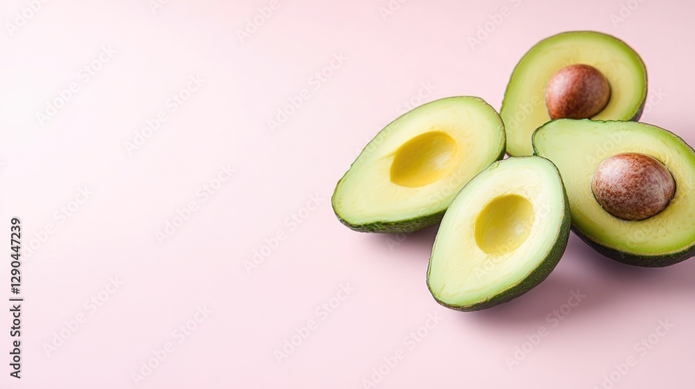 Freshly sliced avocados on soft pink background, showcasing vibr Freshly sliced avocados on soft pink background, showcasing vibr
