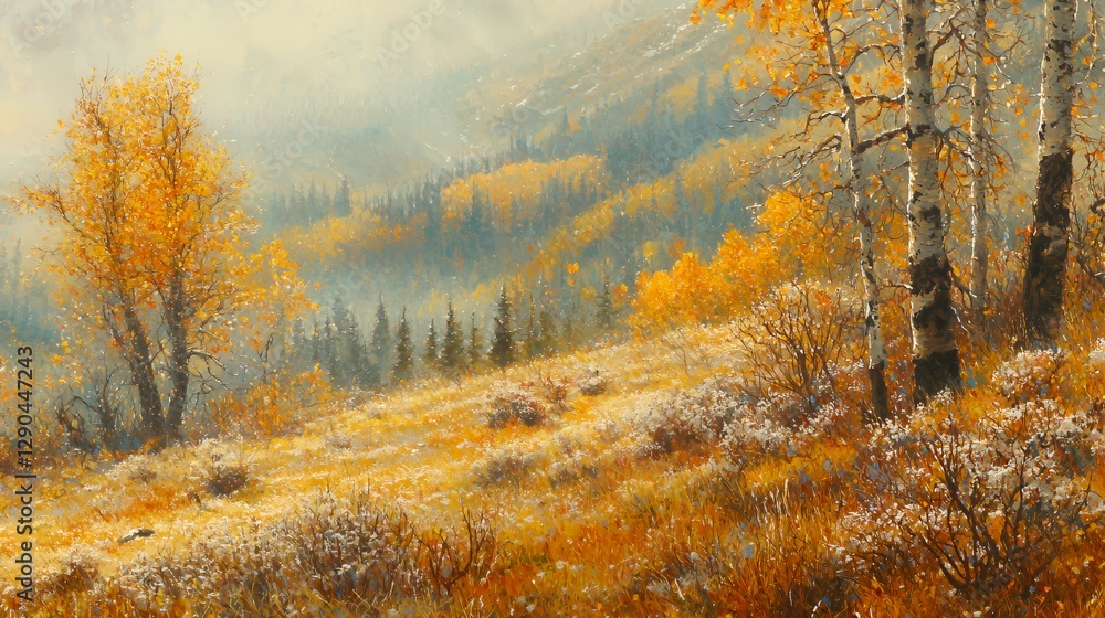 Golden Autumn Mountain Landscape with Light Snowfall Golden Autumn Mountain Landscape with Light Snowfall