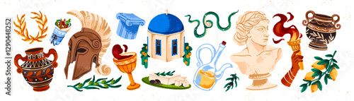 Elements of Greece culture set. Ancient gypsum statue of goddess head, branches of olives, lemons, antique vases, architecture. Greek symbols. Flat isolated vector illustrations on white background