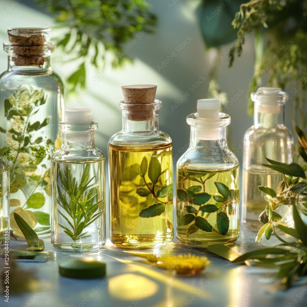 Herbal oils in glass bottles, sunlight Herbal oils in glass bottles, sunlight