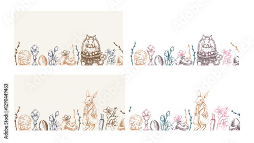 Easter border set with bunny, eggs, flowers, vintage hand drawn sketch