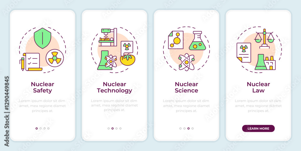 Nuclear applications onboarding mobile app screen. Radiation. Walkthrough 4 steps editable graphic instructions with linear concepts. UI, UX, GUI template. Montserrat SemiBold, Regular fonts used Nuclear applications onboarding mobile app screen. Radiation. Walkthrough 4 steps editable graphic instructions with linear concepts. UI, UX, GUI template. Montserrat SemiBold, Regular fonts used