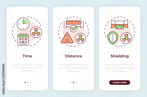 Principles of radiation exposure onboarding mobile app screen. Walkthrough 3 steps editable graphic instructions with linear concepts. UI, UX, GUI template. Montserrat SemiBold, Regular fonts used