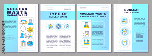 Nuclear waste management blue brochure template. Treatment, storage, disposal of radioactive supplies. Leaflet design with linear icons. Editable 4 vector layouts. Arial, Myriad Pro-Regular fonts used