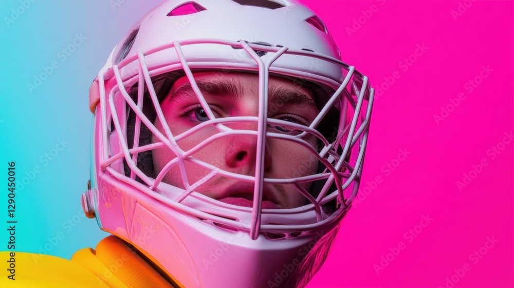 Neon Glow Hockey Portrait Dynamic Goalie in Protective Gear - Modern Sports Equipment Showcase for Performance Marketing and Youth Engagement Neon Glow Hockey Portrait Dynamic Goalie in Protective Gear - Modern Sports Equipment Showcase for Performance Marketing and Youth Engagement