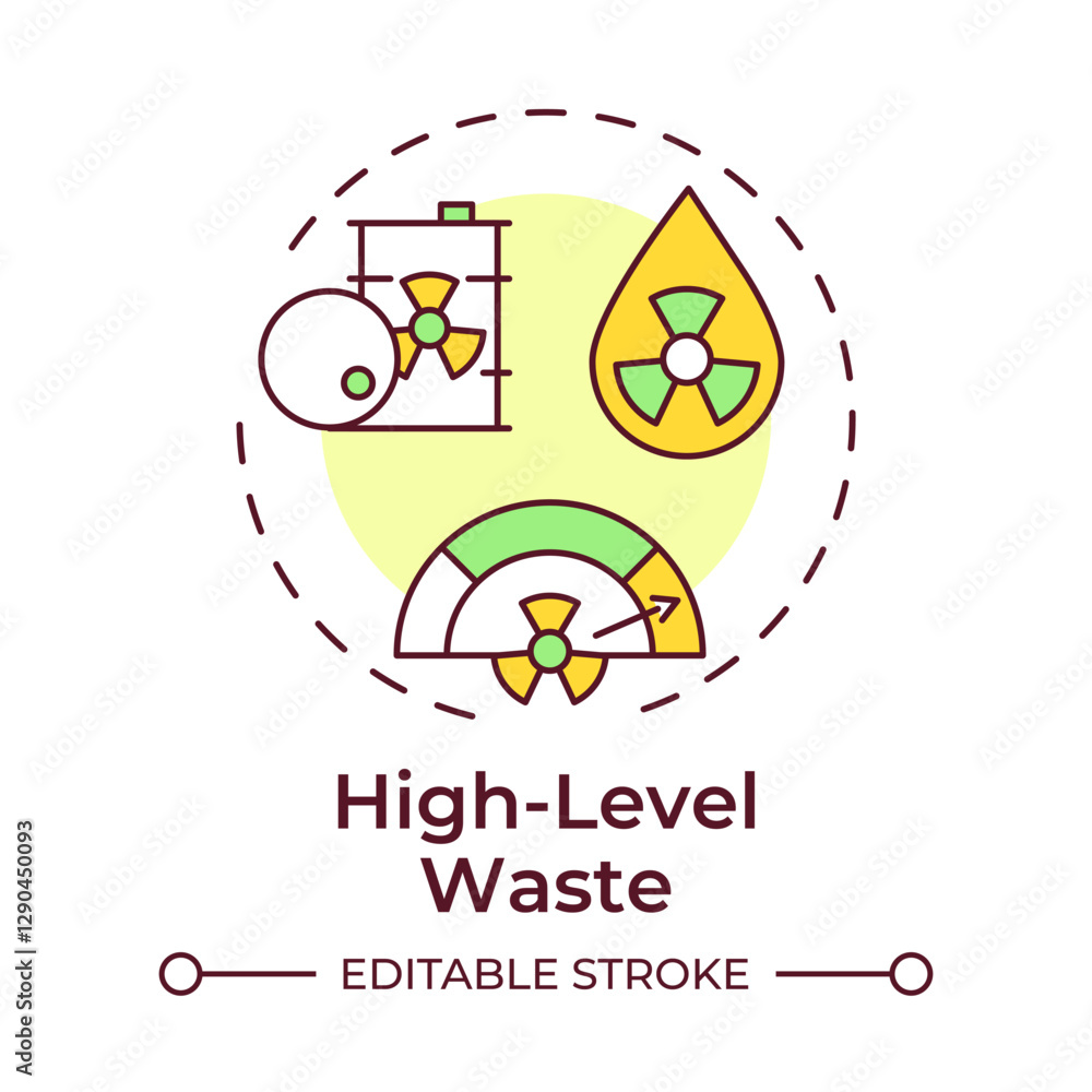 Fototapeta premium High level waste multi color concept icon. Reprocessing of spent nuclear fuel. Type of nuclear materials. Round shape line illustration. Abstract idea. Graphic design. Easy to use in booklet