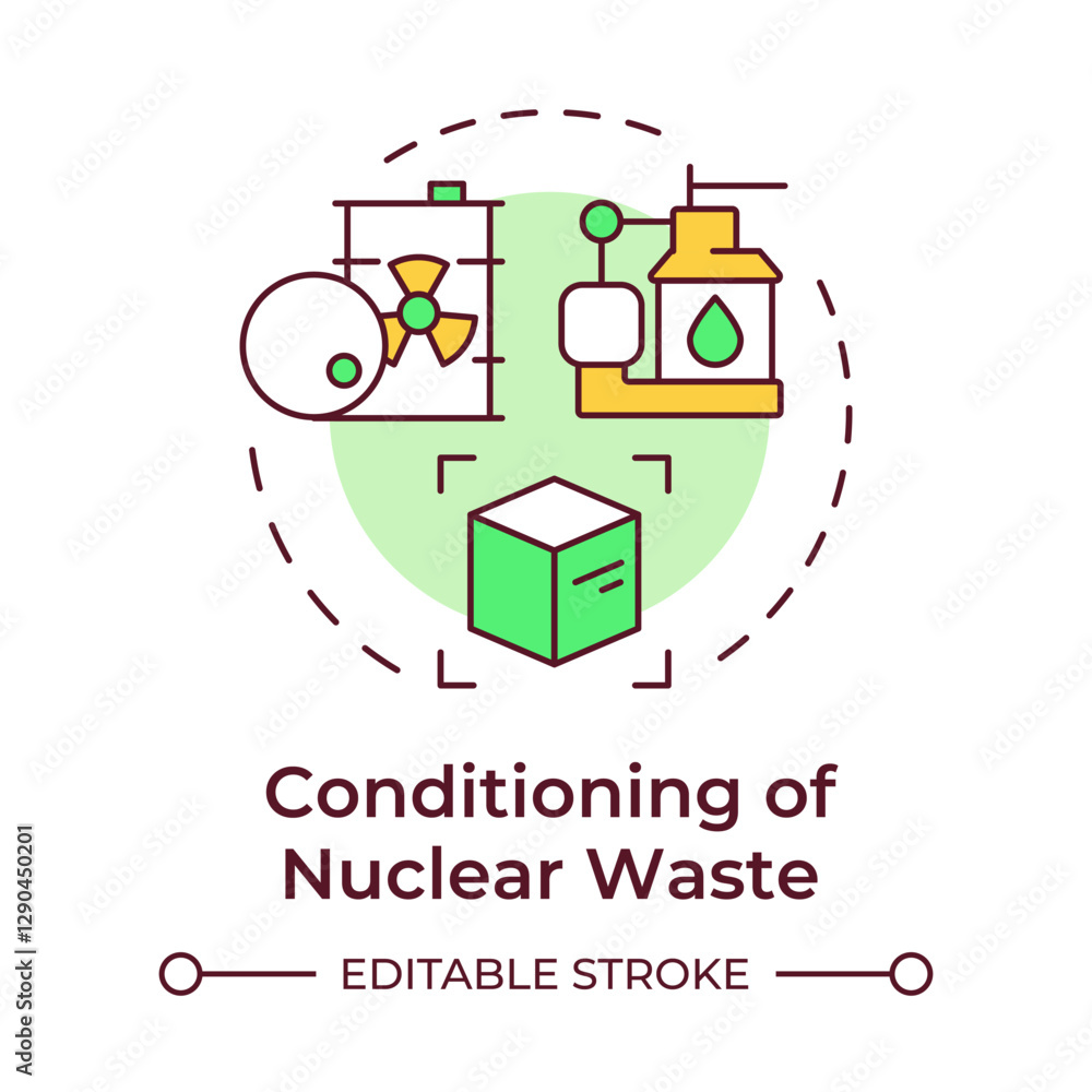 Conditioning of nuclear waste multi color concept icon. Prepare radioactive materials for safe long term storage. Round shape line illustration. Abstract idea. Graphic design. Easy to use in article Conditioning of nuclear waste multi color concept icon. Prepare radioactive materials for safe long term storage. Round shape line illustration. Abstract idea. Graphic design. Easy to use in article