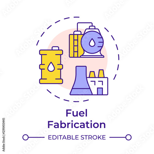 Fuel fabrication multi color concept icon. Transform into uranium dioxide powder. Nuclear supplies cycle. Round shape line illustration. Abstract idea. Graphic design. Easy to use in article