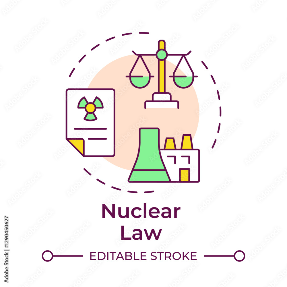 Nuclear law multi color concept icon. Safe peaceful use of energy and materials. Legal regulation of industry. Round shape line illustration. Abstract idea. Graphic design. Easy to use in booklet Nuclear law multi color concept icon. Safe peaceful use of energy and materials. Legal regulation of industry. Round shape line illustration. Abstract idea. Graphic design. Easy to use in booklet
