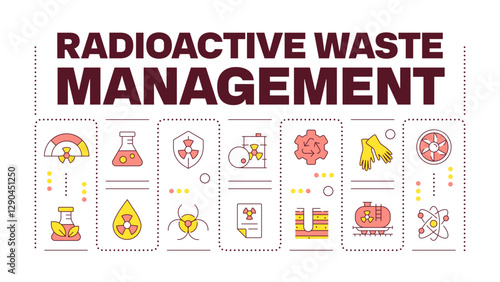 Radioactive waste management word concept isolated on white. Nuclear power supplies recycling. Creative illustration banner surrounded by editable line colorful icons. Hubot Sans font used