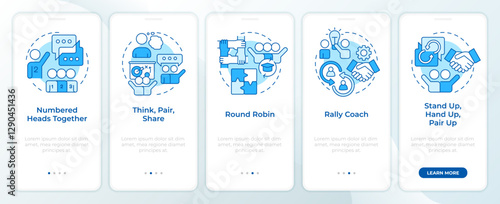 Team learning structures blue onboarding mobile app screen. Walkthrough 5 steps editable graphic instructions with linear concepts. UI, UX, GUI template. Montserrat SemiBold, Regular fonts used