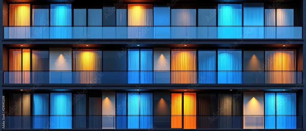 Vibrant modern apartment facade with colorful balconies Vibrant modern apartment facade with colorful balconies