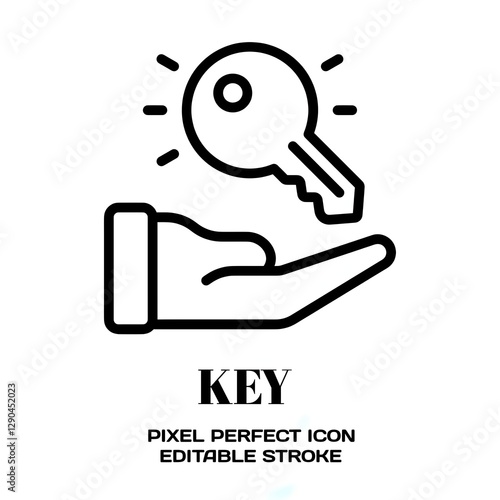 Key symbol, featuring an editable stroke outline icon isolated on white background flat vector illustration. Pixel perfect