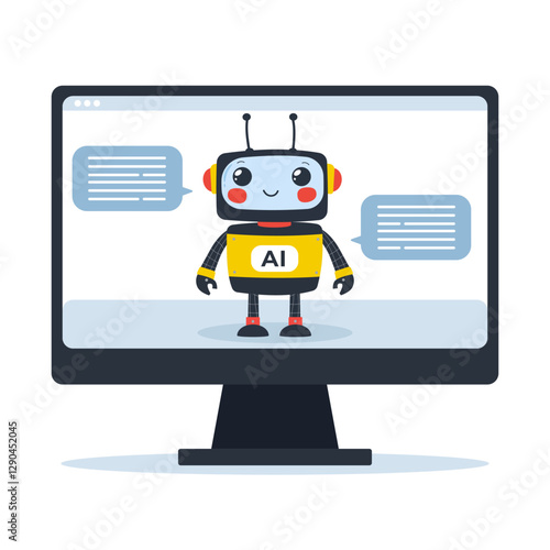 Cute AI Chatbot on Computer Screen. Artificial intelligence, virtual assistance, and digital communication.