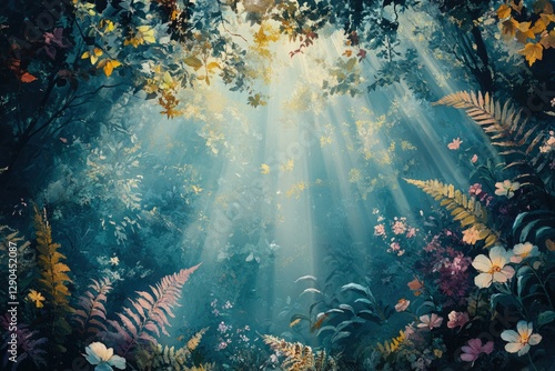 Sunbeams pierce a lush, enchanted forest, illuminating vibrant flowers and ferns in a mystical scene.