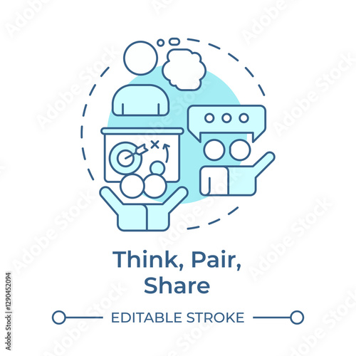 Think, pair, share soft blue concept icon. Teamwork planning. Learning strategy, brainstorm. Round shape line illustration. Abstract idea. Graphic design. Easy to use in infographic