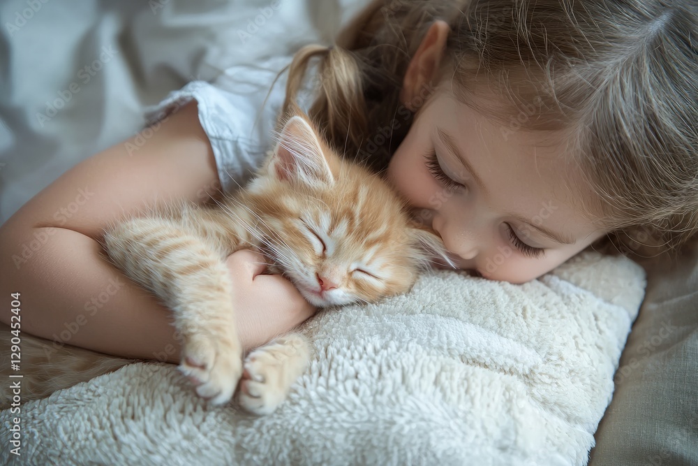 A little girl cuddles her sleepy kitten on a soft pillow, The kitten stretches and yawns before curling up again, Generative AI A little girl cuddles her sleepy kitten on a soft pillow, The kitten stretches and yawns before curling up again, Generative AI