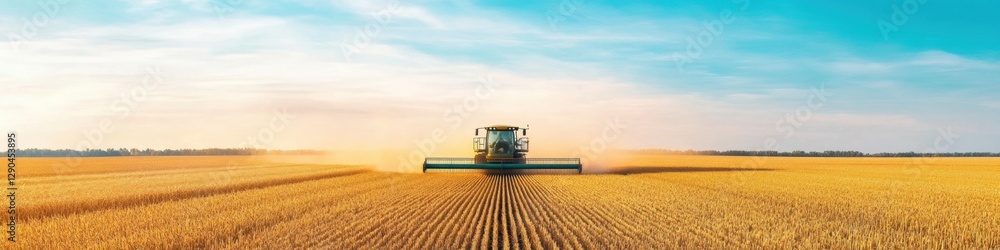 Fototapeta premium Rustic Harvest Imagery Cutting-Edge Combine Harvester Amidst Golden Wheat Fields and Dusty Skies - Elevating Agricultural Equipment Marketing with Efficient Grain Collection Techniques