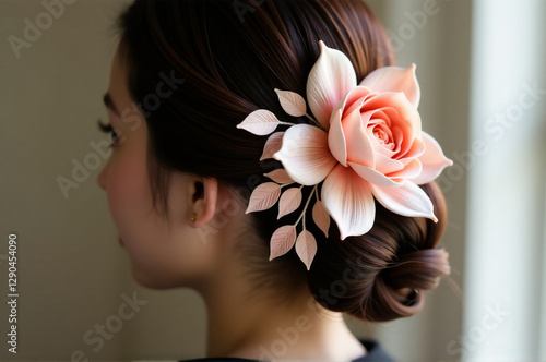 Kanzashi hairpiece featuring a large, cascading flower with delicate petals. creativity hobby and handicrafts, diy, background for design. photo