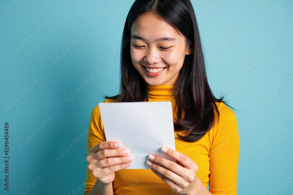 A Young Asian Woman in a Yellow Turtleneck Sweater Reading a Letter with Joy Against a Vibrant Blue Background A Young Asian Woman in a Yellow Turtleneck Sweater Reading a Letter with Joy Against a Vibrant Blue Background