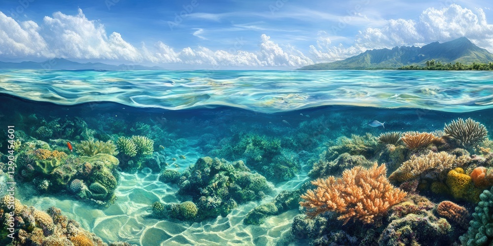 Fototapeta premium Vibrant underwater landscape featuring colorful coral reefs with blue water above and clouds in the sky. Lush greens and bright oranges dominate the scene.