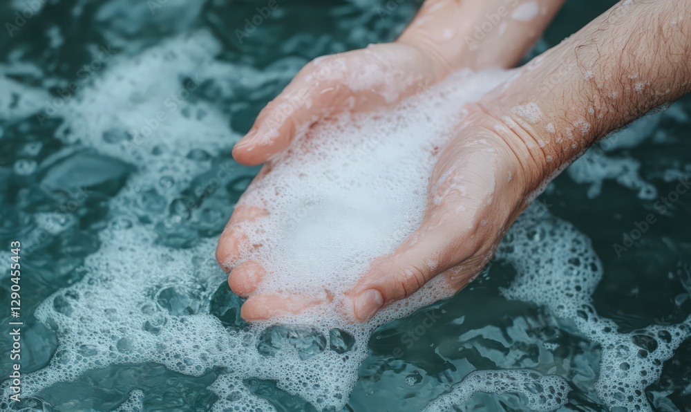 Fototapeta premium Hands Holding White Foam in Teal Water