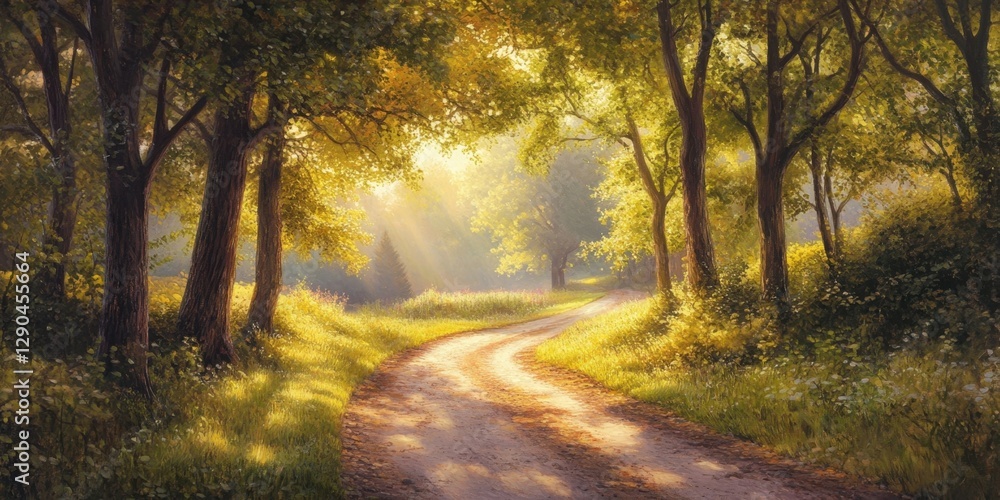 Obraz premium Serene dirt road winding through vibrant spring foliage with sunlight filtering through lush green trees creating a warm and inviting atmosphere
